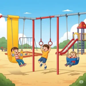 An illustration of different types of swings, which are popular outdoor playset accessories, including a belt swing, a trapeze bar, and a baby swing.