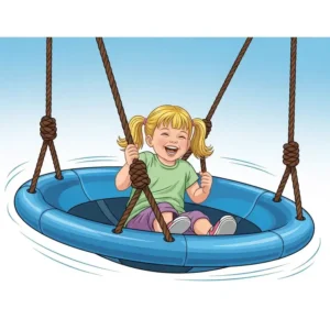 A close-up illustration of a saucer swing, one of the many popular swing set accessories, showing a child happily spinning on it.