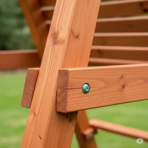 Close-up view highlighting the quality wood grain and expert craftsmanship of the Skyline Retreat wooden swing set.