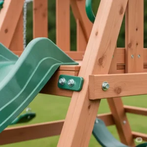 Detailed view of a secure, green slide attachment point on a cedar wooden swing set, highlighting safety features.