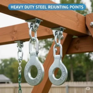 Heavy-duty swing hangers, essential components of a swing set hardware kit with slide, ensuring safe attachment.