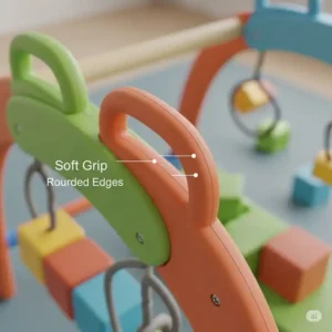 "Close-up of a toddler-friendly playset demonstrating soft-grip handles and rounded edges, highlighting essential safety features of quality toddler playsets."