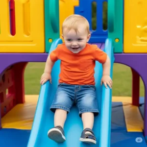 A close-up of a toddler gleefully going down a small, age-appropriate slide, a common feature in many of the best playsets for toddlers.