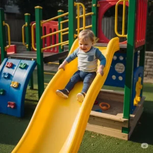 A happy toddler laughing while sliding down a bright yellow slide on an outdoor playset, showcasing the joy of active play.