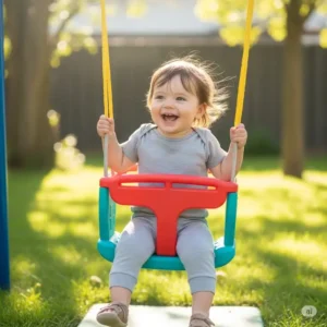 An adorable toddler laughing while safely enjoying a small swing set designed for young children.