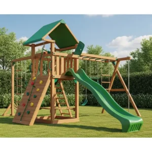 Durable wooden outdoor playset featuring a wave slide and climbing wall, perfect for active children.