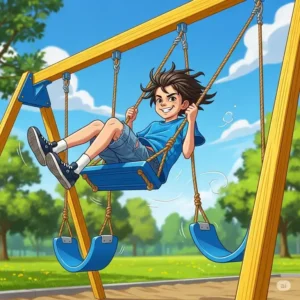 Dynamic illustration of a 10-year-old boy in mid-air on a swing, showcasing the excitement and height achievable on a well-designed swing set.