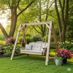 "A comfortable and spacious wooden swing for backyard, suitable for adults to enjoy a peaceful afternoon outdoors."