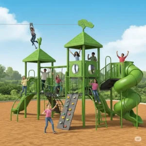An illustration depicting teenagers navigating a multi-level adventure playset with zip lines and obstacle course elements, highlighting the best playsets for older kids.