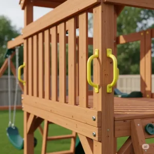 Close-up illustration of the high-quality, natural wood construction often found in Backyard Discovery playsets, emphasizing durability in the backyard discovery vs Kidkraft debate.