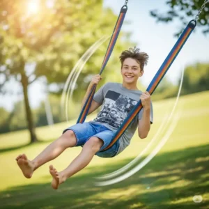 A teenager smiling while swinging on a flexible belt swing, demonstrating the capacity of swing sets for older kids.