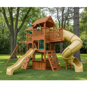 Multi-level wooden playset tower featuring a covered deck and long wavy slide, perfect for imaginative play.