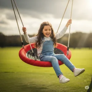 Child happily playing on a red disc swing with rope, showcasing its fun and durability, now part of our swing set accessories clearance sale.