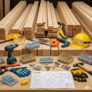 Assortment of lumber and tools needed for building a diy outdoor playset.