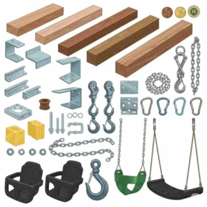 "Assortment of durable, weather-resistant materials commonly used in DIY swing set designs, including lumber, hardware, and swing seats."