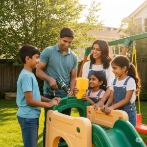A family working together to assemble a DIY outdoor playset kit in their backyard, demonstrating the ease and bonding experience of building.