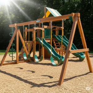 "Detailed image of a Gorilla playset emphasizing its robust construction, heavy-duty swings, and larger slides designed for active play, relevant to Kidkraft vs Gorilla playset."