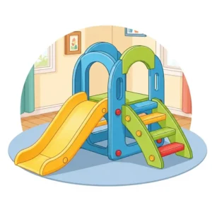 "An illustration of a compact, multi-functional indoor toddler playset with a small slide and climbing steps, perfect for active play inside."