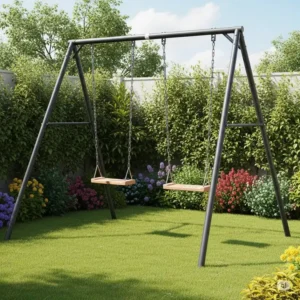 Durable metal frame small backyard swing set with two traditional swings, ideal for limited garden areas.