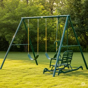 Classic metal swing set with two belt swings and a glider, offering hours of outdoor entertainment for kids.