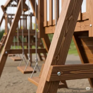 Close-up of a big wooden swing set showcasing its natural wood grain and robust construction.