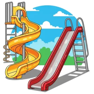 A detailed illustration of a wavy plastic slide and a classic straight slide, two essential outdoor playset accessories for backyard fun.