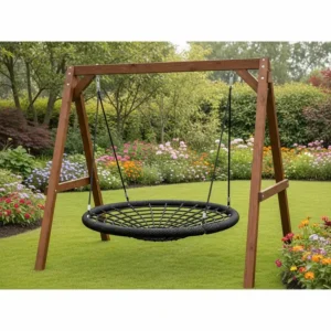 An oversized round saucer swing, made with a durable web-like rope, hanging from a sturdy frame, perfect for multiple adults or relaxing on an adult swing set.