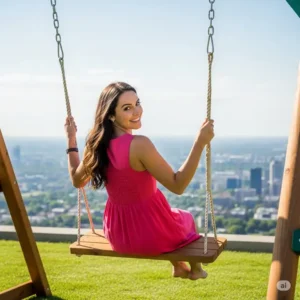 A person happily swinging on the Skyline Retreat wooden swing set, enjoying the breathtaking outdoor view from a comfortable, sturdy seat.