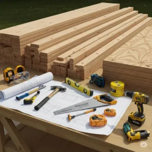 "Essential tools and lumber for building a DIY outdoor playset, ready for diy outdoor playset plans"