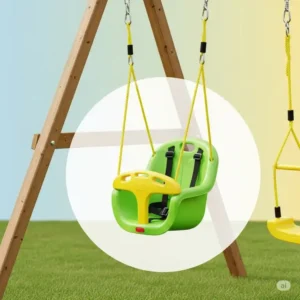 A secure, bucket-style swing seat designed for toddlers, part of a recommended playset that offers safe swinging fun.