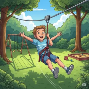 An illustration depicting an excited older child soaring on a backyard zipline, a thrilling and popular playsets for older kids that promotes outdoor adventure.