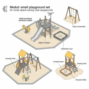 Illustrated design of a modular small playground set, showcasing its space-saving features and various play components.