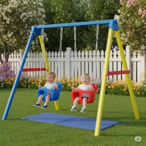 A child-friendly swing set with bucket seats, offering a secure and fun toddler outdoor play equipment experience.