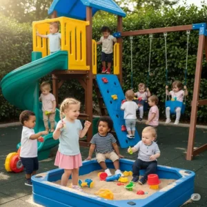 A diverse group of toddlers enjoying various activities on a multi-feature outdoor playset, highlighting social development and shared fun.