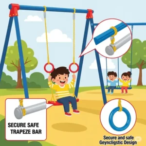 An illustration of a trapeze bar with gymnastic rings, a popular item among swing set accessories, that helps children build upper body strength.