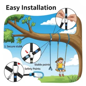 "An illustration demonstrating the easy installation of a tree swing kits on a robust tree branch, showing secure attachment points and proper safety measures."