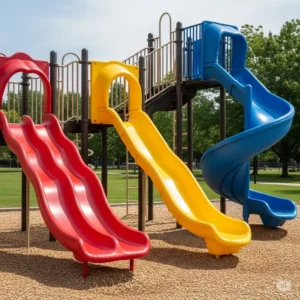 Variety of slides for outdoor playsets, including wave, scoop, and spiral designs, showcasing options for different play experiences.