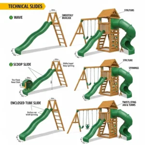 Diagram illustrating various types of slides, including wave, scoop, and enclosed tube slides, all compatible with wooden swing sets for diverse play experiences.