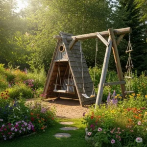 A charming A-frame small swing set nestled in a colorful garden, perfect for a cozy play area.