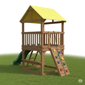 Compact backyard playset with a raised fort, rock climbing ladder, and covered play deck.