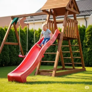 Happy child in mid-slide on a bright red slide, enjoying playtime on a well-built wooden swing set in a residential garden.