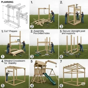 Step-by-step construction of a sturdy diy outdoor playset frame.