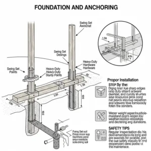 "Diagram showing the proper foundation and anchoring techniques for a stable DIY swing set, emphasizing safety and durability."