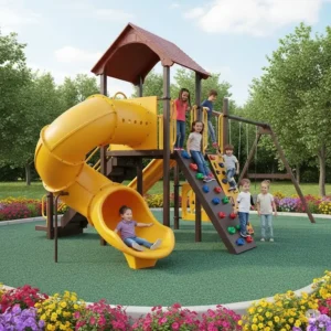 Detailed illustration of an enclosed tube playset slide, providing a safe and exhilarating ride for kids on a playset.
