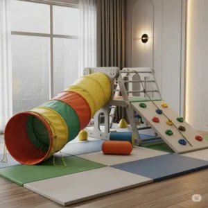 An indoor playset for toddlers, featuring a tunnel and climbing elements, perfect for active play on a rainy day.