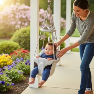 "A happy baby safely secured in a specially designed infant swing kits, hanging from a porch beam, with a parent gently pushing."