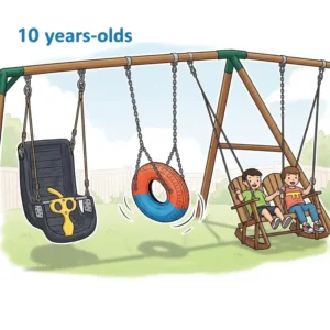 Illustration depicting different swing types on a set, including a classic belt swing, a fun tire swing, and a two-person glider, offering versatility for 10-year-olds.