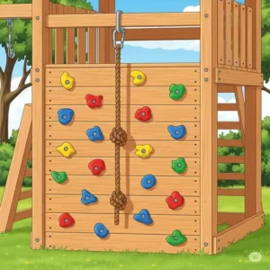 An illustration of a climbing wall with colorful holds and a knotted rope, excellent outdoor playset accessories for developing strength and coordination.