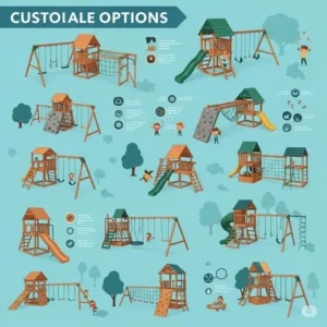 Infographic or collage showcasing different design options and configurations possible with DIY outdoor playset kits, from swings to rock walls.