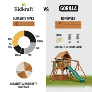"Infographic comparing the wood types and hardware used in Kidkraft vs Gorilla playset, illustrating durability and longevity."
